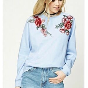 Forever 21 embroidered floral ligh blue sweater sweatshirt casual